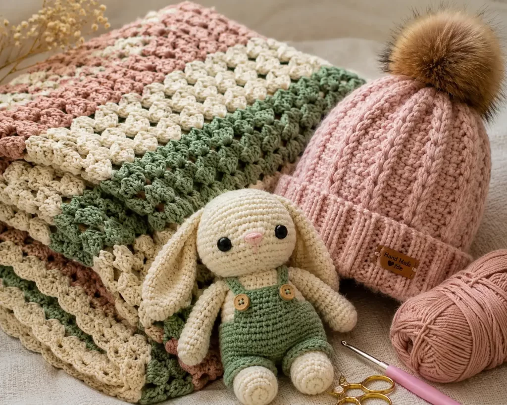 A cozy collection of handmade crochet creations featuring a textured blanket, a soft winter beanie, and an adorable amigurumi bunny in soothing pastel tones, creating a warm and inviting aesthetic.